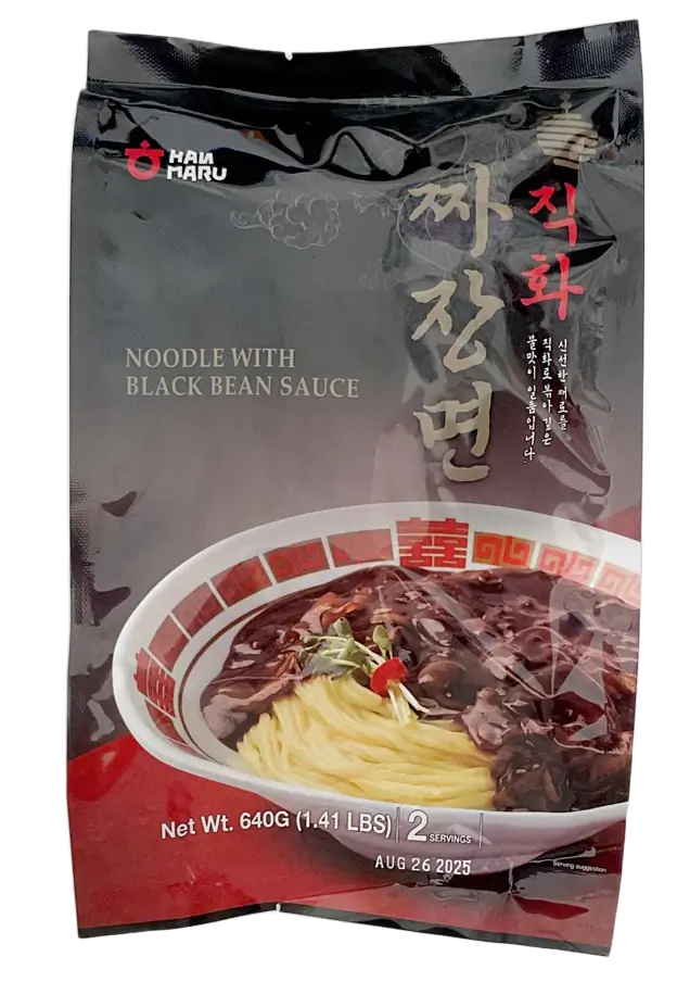 Package of Hanmaru brand Jjajangmyun noodles with black bean sauce, showing a bowl of noodles topped with a rich, dark sauce, and garnished with vegetables.