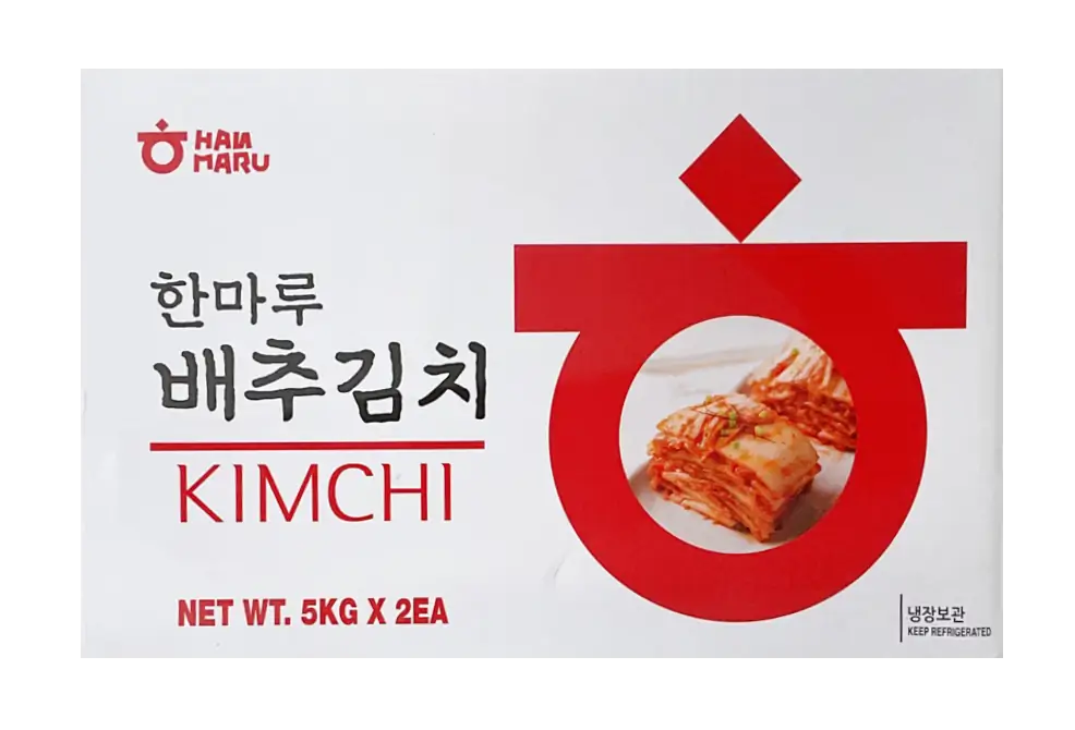 Box of Hanmaru brand kimchi, labeled in both Korean and English, with an image of neatly stacked, spiced cabbage.